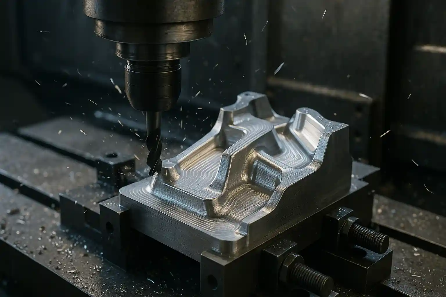 自然光下でのリアルな3軸CNCフライス加工、エンドミルによるアルミワークの切削加工