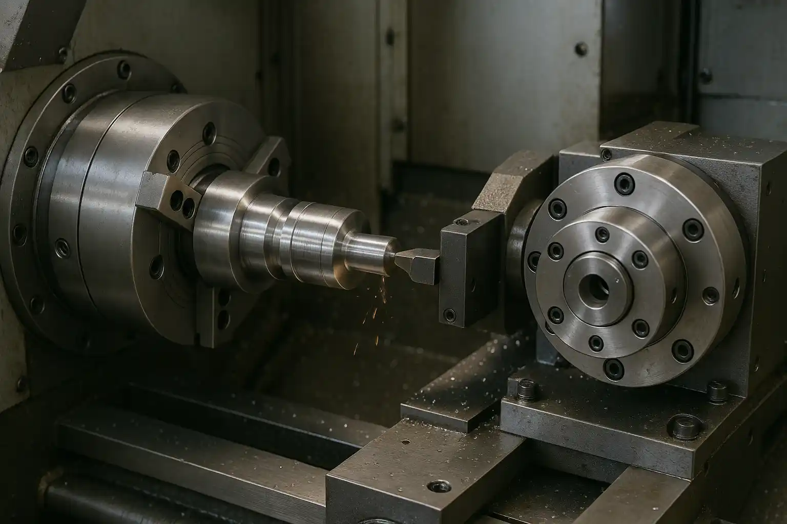 自然光の下、回転テーブル上で金属工作物を切削するリアルな4軸CNC加工プロセス