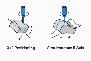 Side-by-side diagram comparing 3+2 positioning and simultaneous 5-axis machining methods