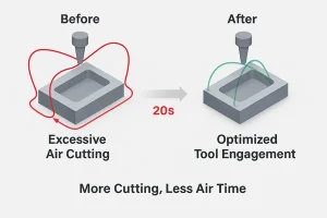 Before-and-after comparison of air cutting reduction in 5-axis machining toolpaths.
