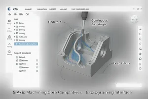 Screenshot of 5 axis CNC CAM software interface showing toolpath simulation and multi-axis motion control