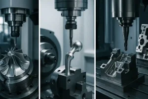 Industrial applications of 5-axis CNC machining including aerospace, medical devices, energy components, and tooling parts.

