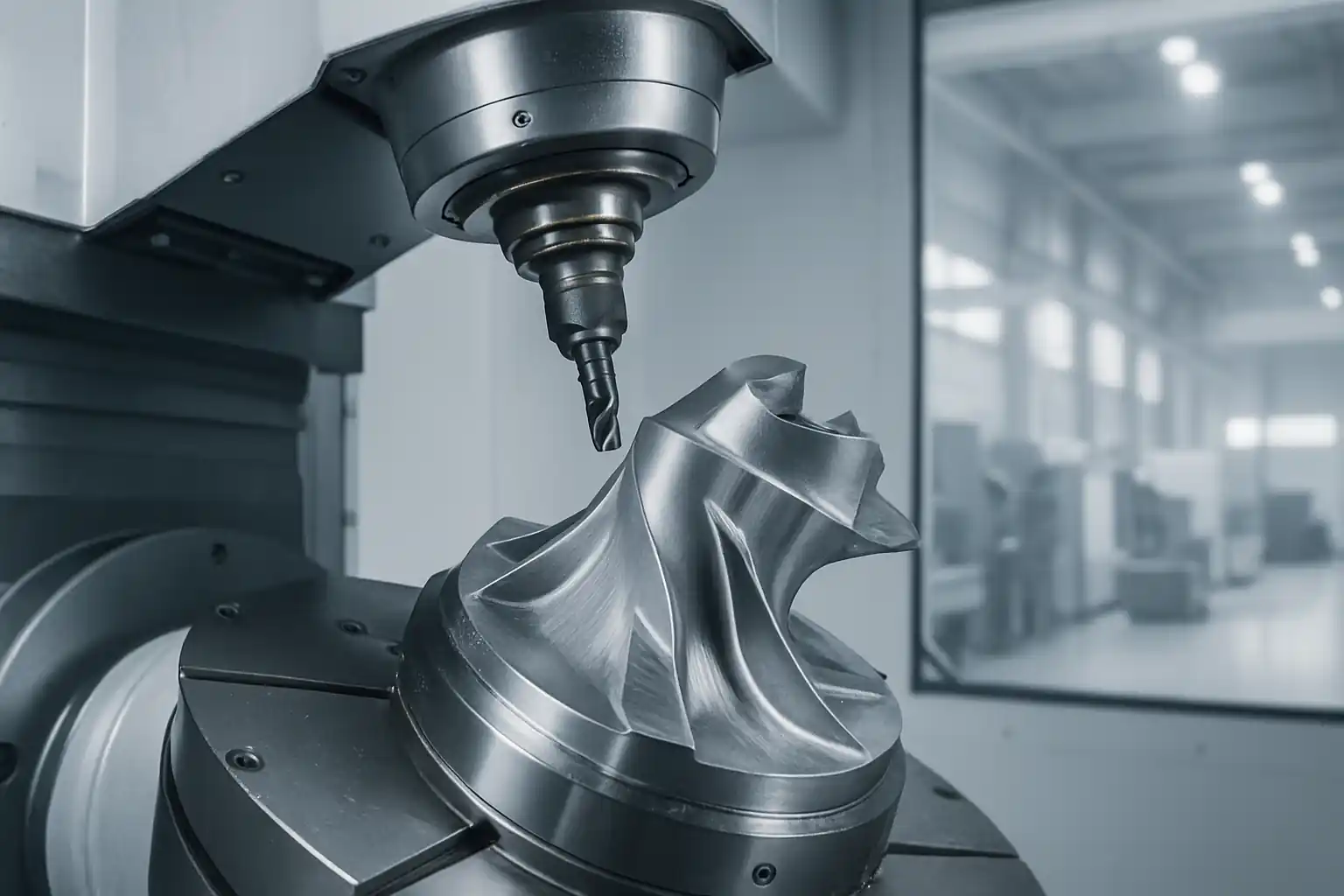 5 axis CNC machine cutting complex aerospace part