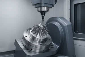 5 axis CNC machine machining a metal part