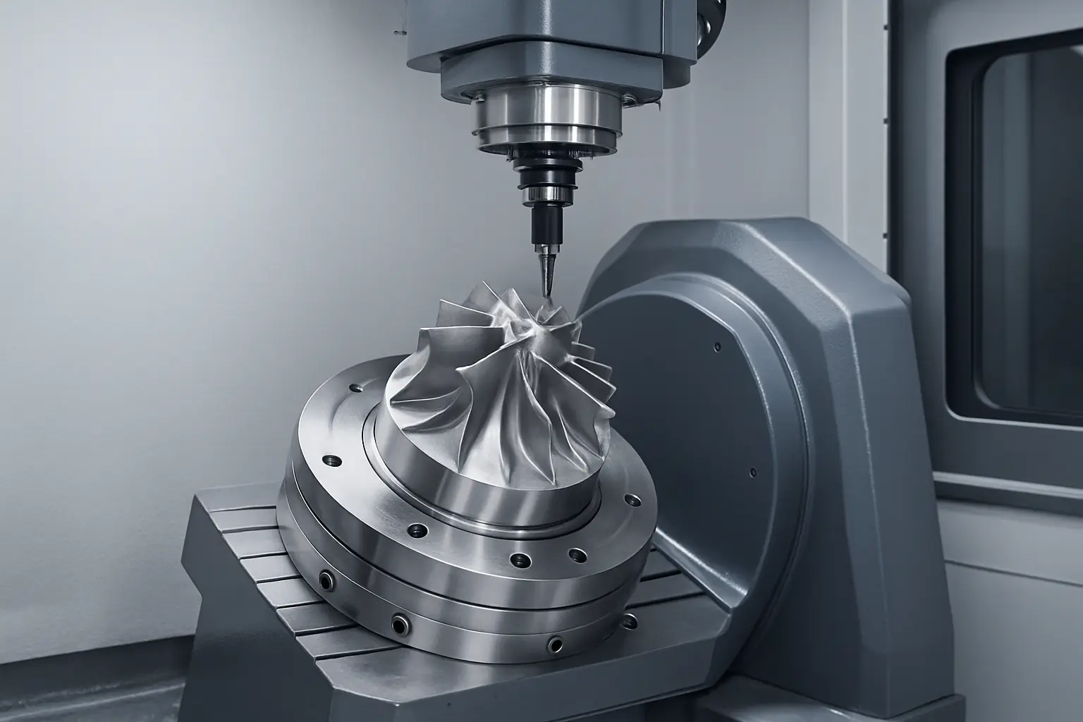 5 axis CNC machine machining a metal part