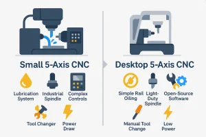 Cost comparison between small and desktop 5-axis CNC machines, including maintenance and operation