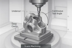 Demonstration of 5 axis CNC machining capabilities with complex part geometry and multi-axis tool movement