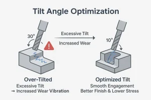 Comparison of different tilt angles in 5-axis CNC machining and their effects on reachability and tool wear.
