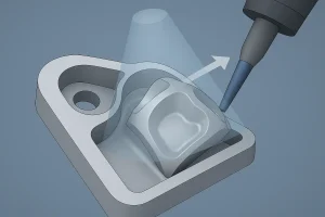 Visualizes a 5-axis CNC tool attempting to reach a recessed area, highlighting access limitations.