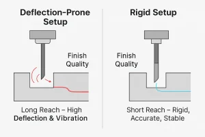 Side-by-side comparison of toolpaths with poor and optimized transitions in 5-axis machining.
