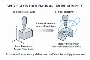 Diagram showing why 5-axis CNC toolpaths are more complex than 3-axis, including simultaneous rotation and orientation shift.