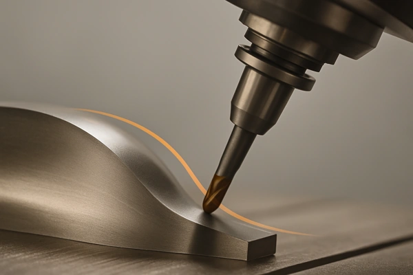 5-axis CNC tool cutting a curved metal part with optimized toolpath