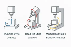 Side-by-side diagram comparing Trunnion, Head Tilt, and Head-Table configurations in 5-axis CNC machines