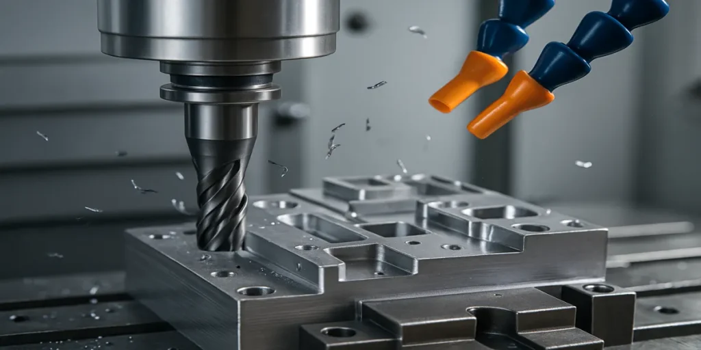 현대식 작업장에서 금속 공작물에서 작동하는 CNC 기계