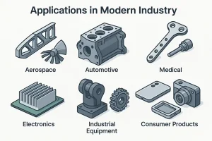 Overview of CNC machining applications across key industries including aerospace, automotive, medical, and electronics.