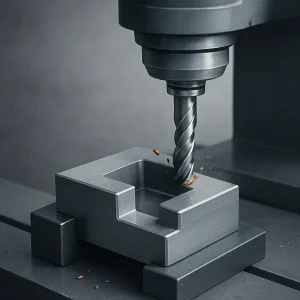Close-up of CNC milling machine cutting a metal workpiece with high precision.