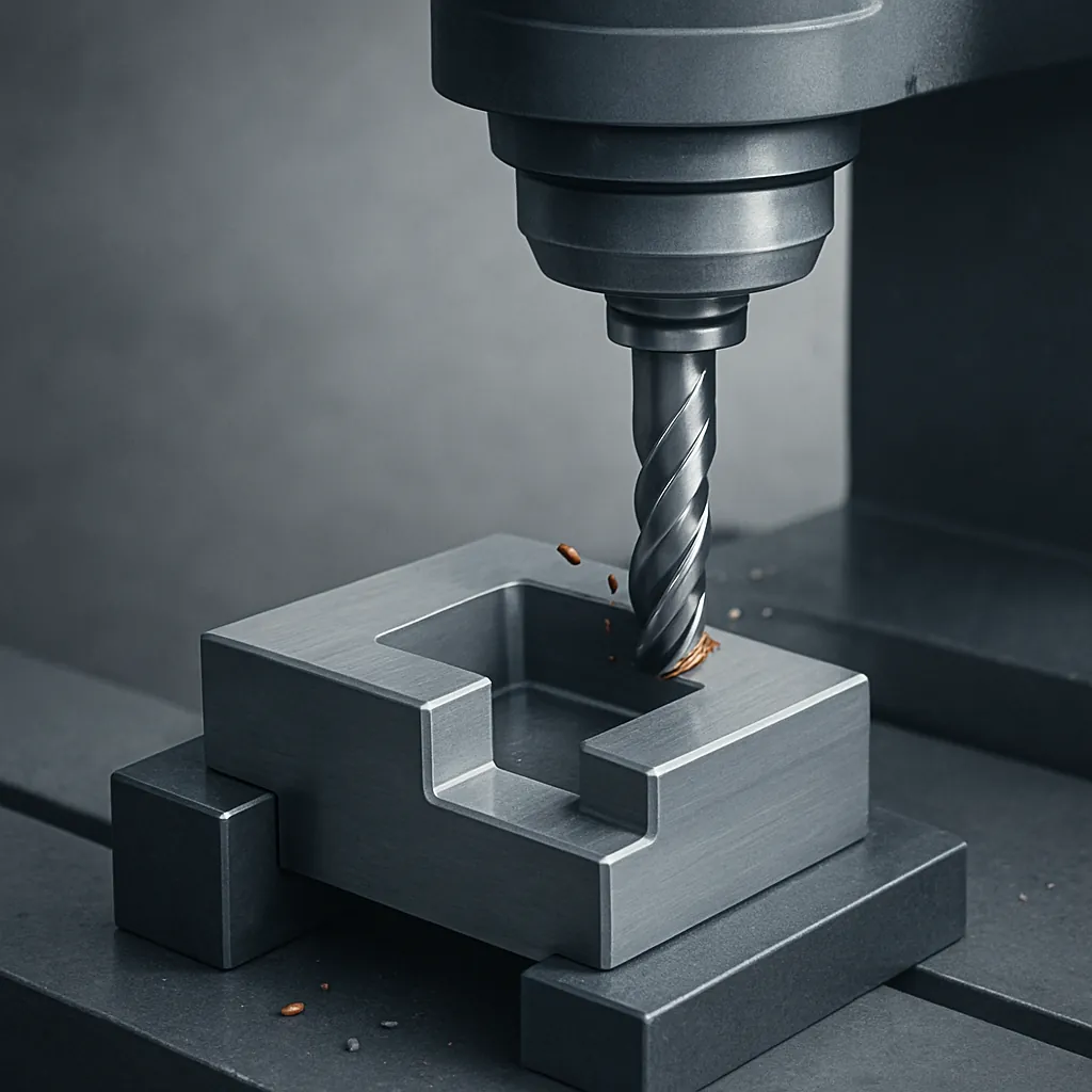 Close-up of CNC milling machine cutting a metal workpiece with high precision.