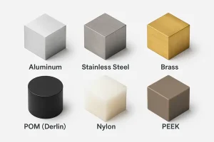 Grid of CNC machining materials including aluminum, brass, stainless steel, titanium, ABS, nylon, and PEEK.
