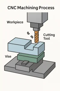 Illustration of CNC machining setup with labeled components