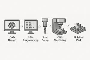 Step-by-step diagram of the CNC machining process from CAD design to final part.