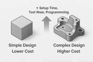 Illustration showing how part design complexity affects CNC machining cost.