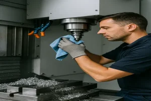 Technician performing CNC machine setup and maintenance