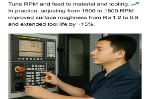 Chinese operator adjusting CNC spindle speed on control panel