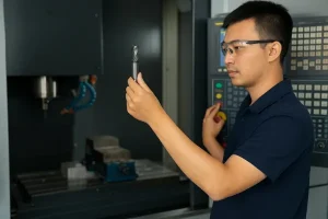 Chinese engineer reviewing CNC toolpath simulation on workstation
