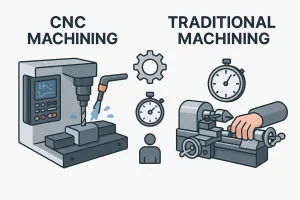 Comparison between CNC machining and traditional manual machining with visual icons.