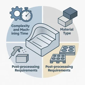 Cost factors in 5-axis CNC machining, including material, part complexity, and post-processing