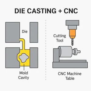 Diagram showing die casting followed by CNC machining on a single part
