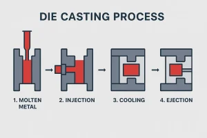 Step-by-step illustration of the die casting process