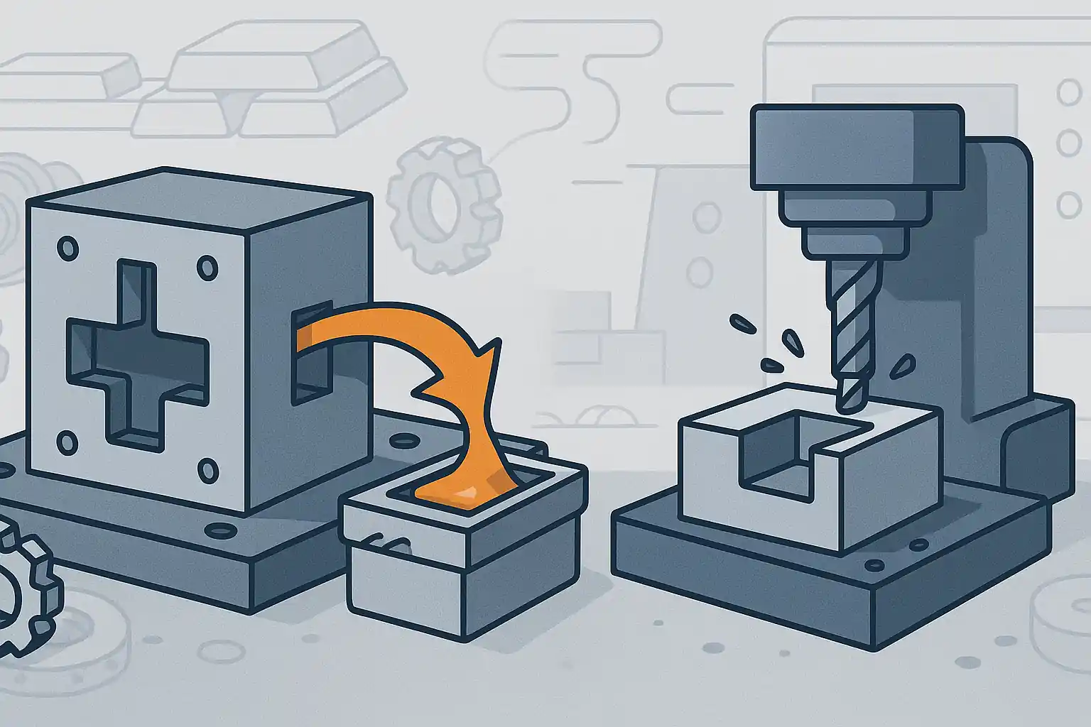 Illustration comparing die casting and CNC machining processes without text