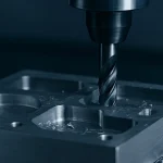 CNC machine cutting aluminum part with coolant spray during high-speed machining