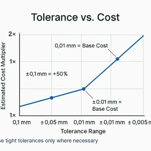 Line chart showing how tighter CNC machining tolerances significantly increase production costs.
