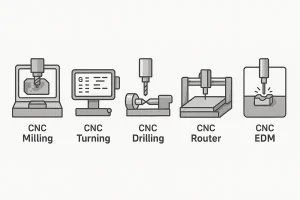 Visual overview of different types of CNC machines including milling, turning, and EDM.