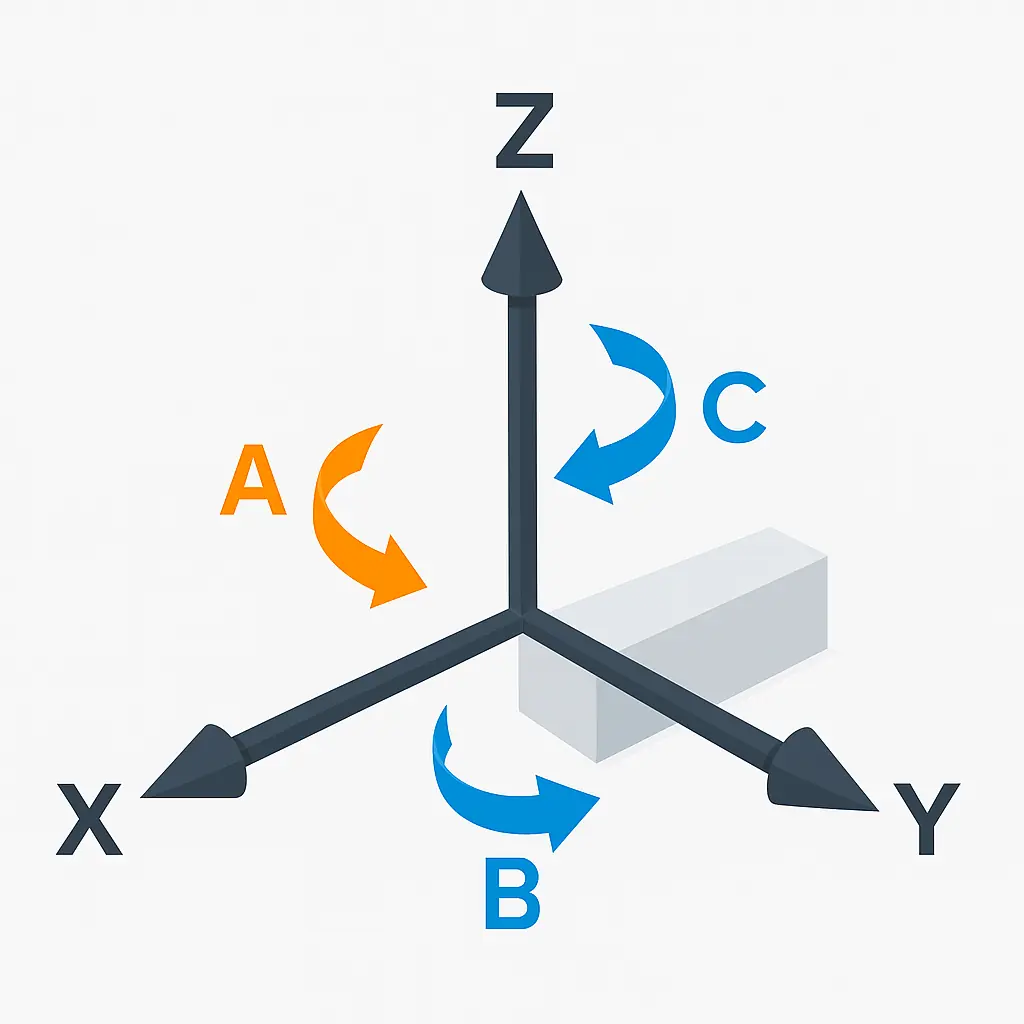 Diagram showing X, Y, Z linear axes and A, B, C rotational axes in a 5-axis CNC system