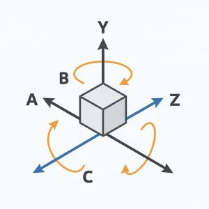 3D coordinate diagram showing X, Y, Z linear axes and A, B, C rotational axes in CNC machining