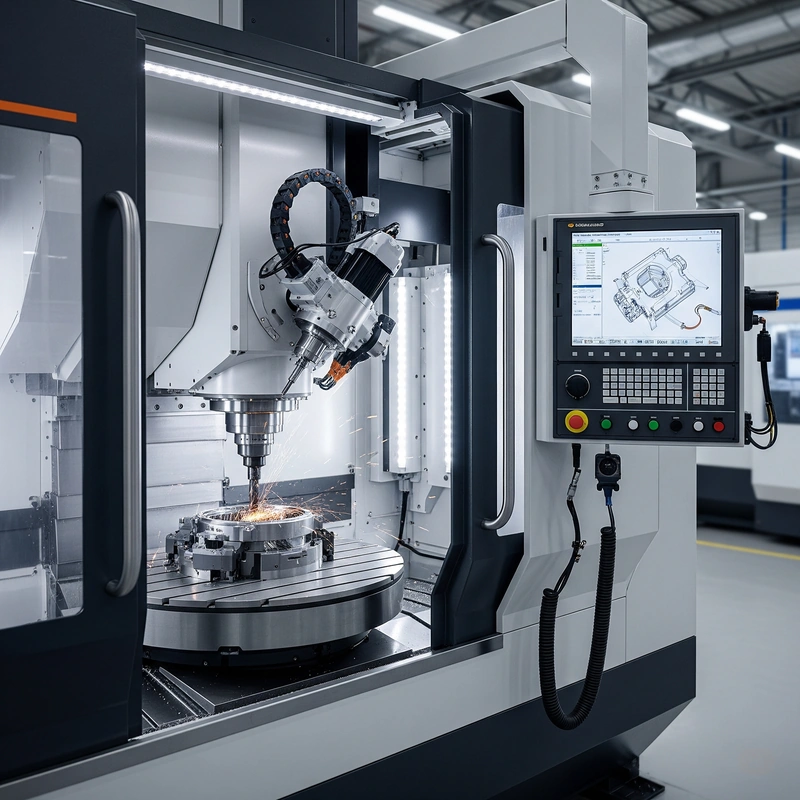 A modern 5-axis CNC machine performing precision machining, illustrating the efficiency and accuracy of 5-axis machining in manufacturing complex parts.