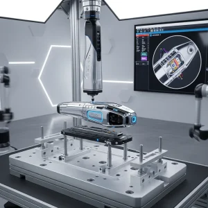 A product undergoing precision machining in a modern automated manufacturing environment, showcasing 5-axis machining technology in action for complex geometries.