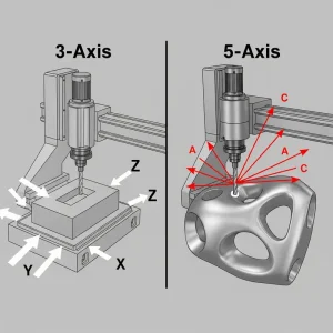 Visual comparison of 3-axis machining vs. 5-axis machining, highlighting how 5-axis CNC utilizes additional rotary axes for improved tool access and complex part manufacturing.