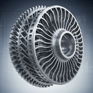 A highly complex metal part showcasing intricate geometries, typically achieved through 5-axis machining for precision parts in industries like aerospace.