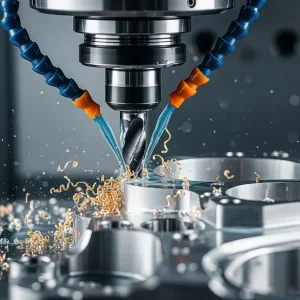 A close-up of a 5-axis machining process showing a cutting tool actively shaping a metal workpiece, illustrating superior surface finish and efficient material removal.