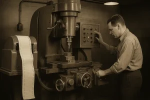A black and white photo of the first-generation NC machine, controlled by punched tape, in operation during the 1940s-1950s.