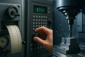 A CNC machine with a digital control panel, representing the transition from NC to CNC in the 1960s-1980s.