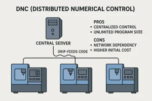 An illustration of a DNC (Distributed Numerical Control) system, where a central server distributes machining programs to a fleet of CNC machines on a factory floor.