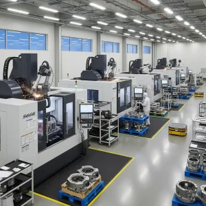 Interior of a modern manufacturing factory showcasing multiple 5-axis CNC machines in operation.