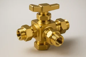 一个经过抛光的复杂黄铜阀门部件,完全清晰可见,凸显了黄铜在加工复杂流体控制部件方面的优越性。