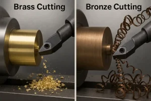 加工对比图,显示黄铜(左)在数控车削过程中产生细小、破碎的切屑,而青铜(右)在数控车削过程中产生长而连续的螺旋切屑。