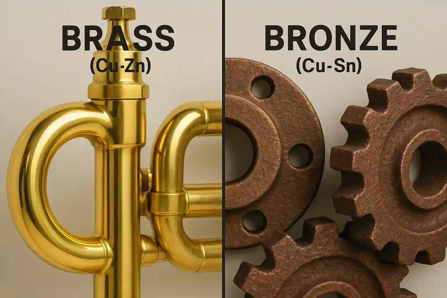 黄铜和青铜的对比图片。左侧是亮金色的黄铜乐器部件，右侧是红褐色的青铜齿轮。突出了颜色和典型用途的不同。